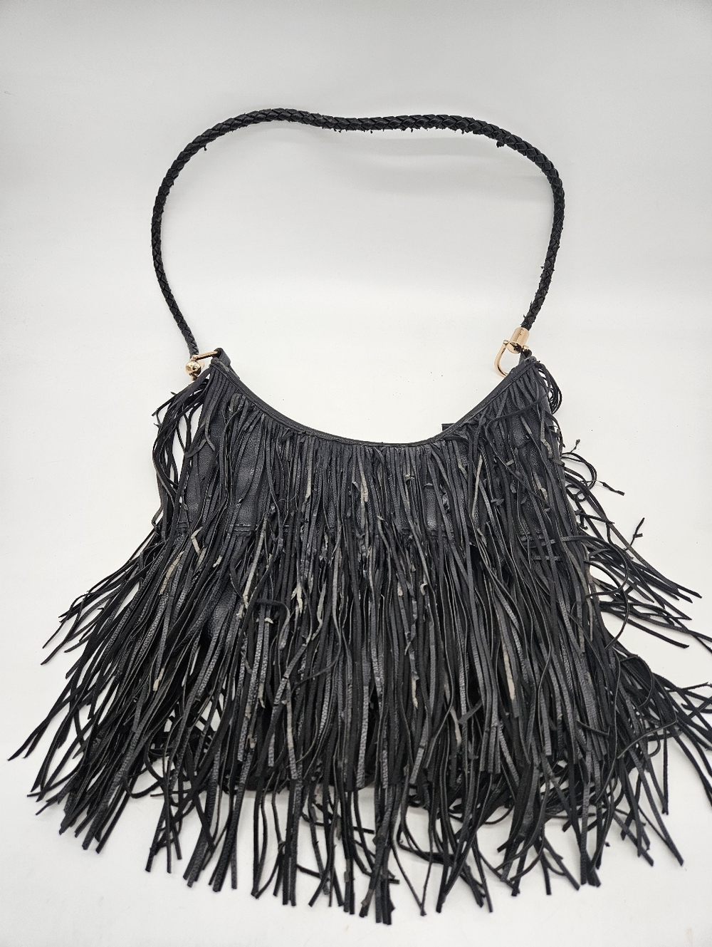 H&M Black Leather Fringe Bucket Bag Handbag Crossbody Boho Carry-All Drawstring